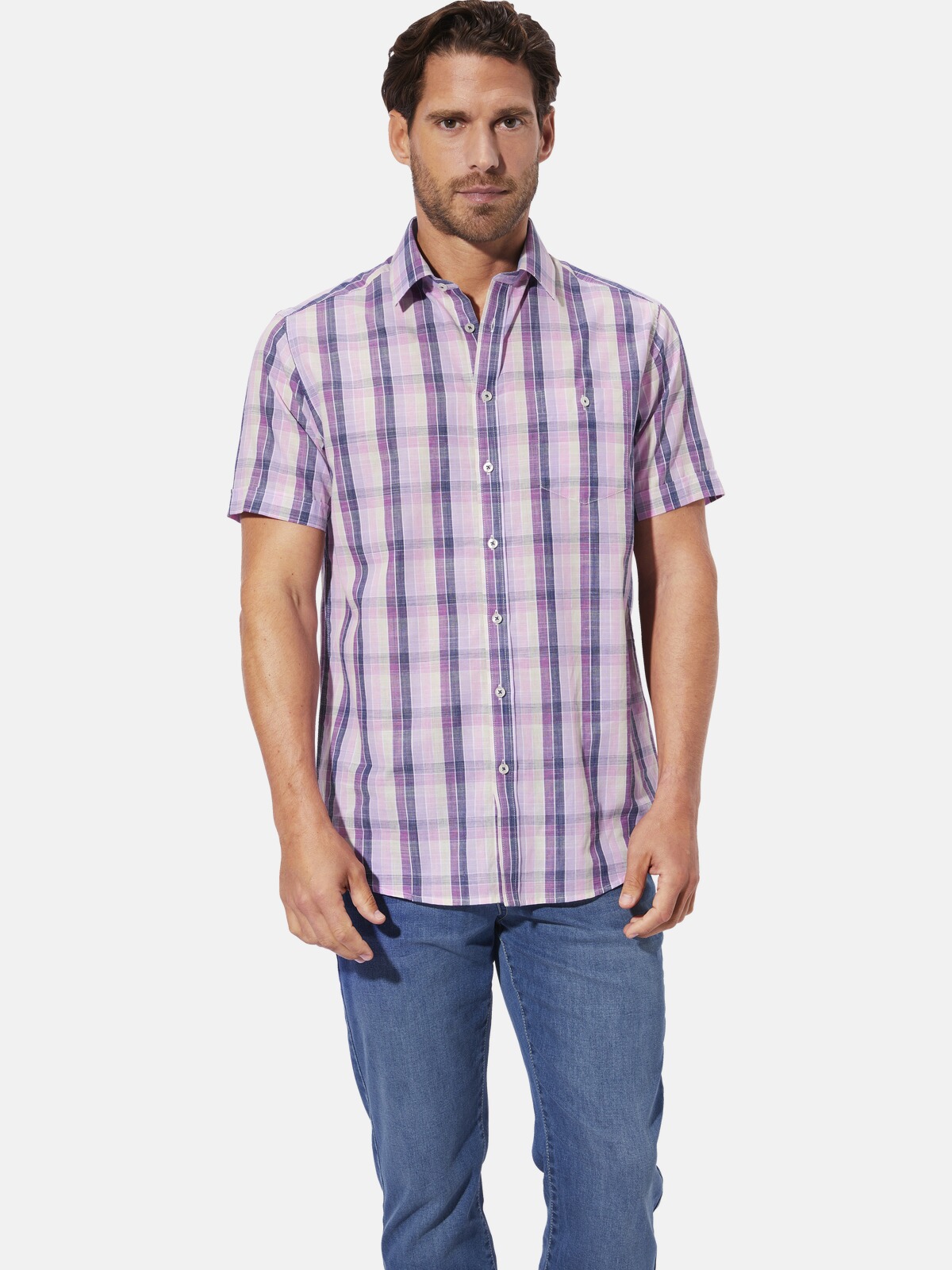 Kurzarmhemd BABISTA "Kurzarmhemd NAVOR", Herren, Gr. M, weit, lila (lila kariert), Obermaterial: 100% Baumwolle CO., regular fit, Hemden