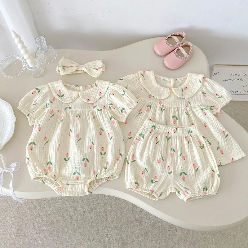 Neue Sommer Säugling Tulpe Body mit Haarband 0-3T Nette Druck Blumen Mädchen Hemd + Shorts Kleidung set Image