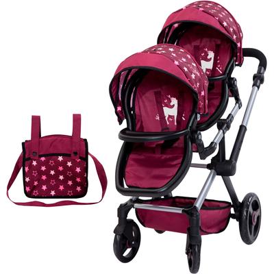 Puppen-Zwillingsbuggy BAYER "Xeo Twin bordeaux", rot (bordeaux), Puppenwagen, KinderB:35cm H:76,5cm T:80cm, Kunststoff, Metall, Stoff, mit Wickeltasche, B:35cm H:76,5cm T:80cm