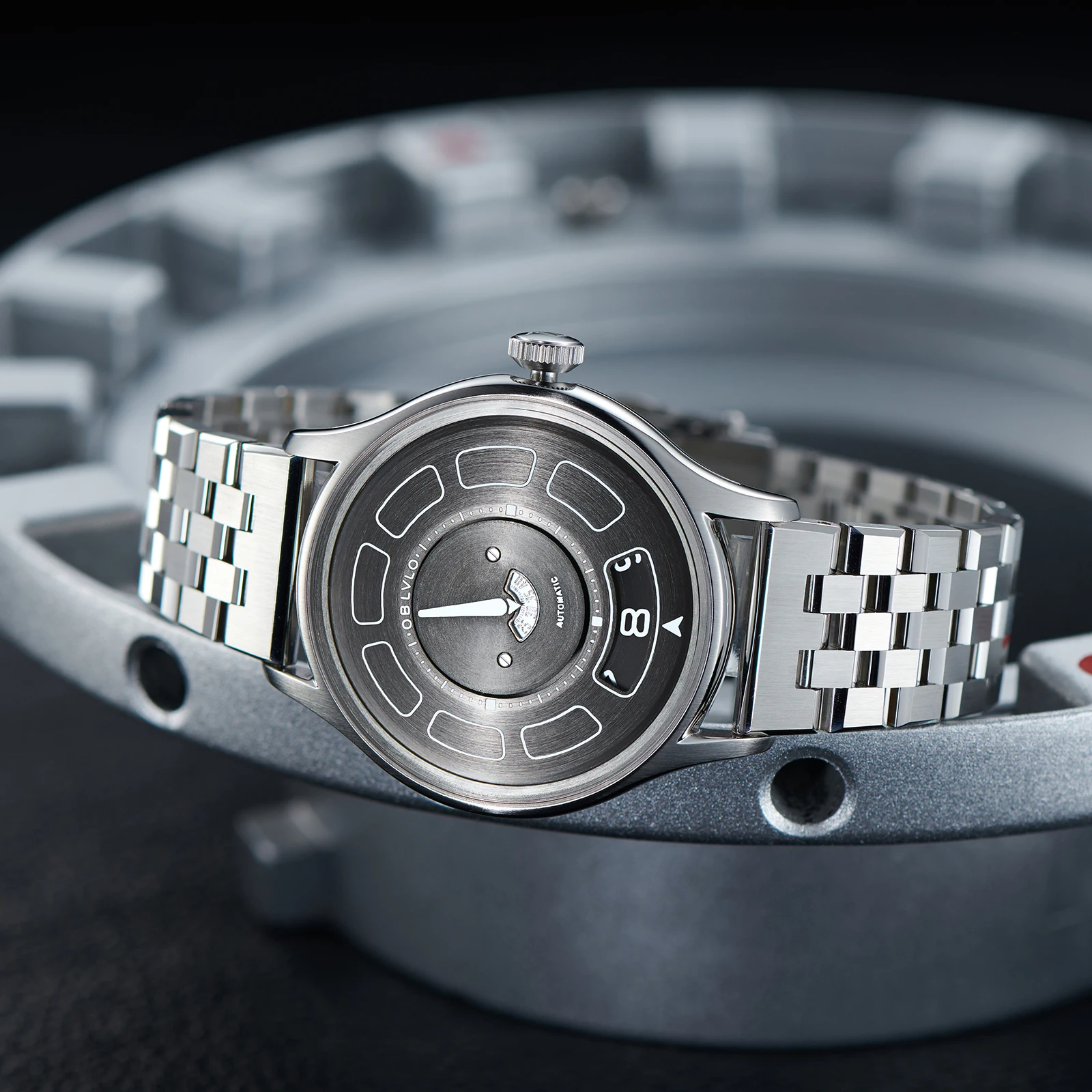 OBLVLO UFO Herren-Designeruhr, schwarzes Zifferblatt, automatisch, mechanisch, 316L-Edelstahlarmband, superleuchtende Armbanduhr, BLM-UFO Image