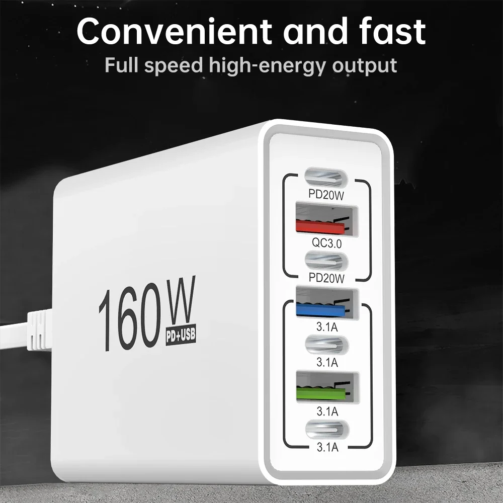 Insgesamt 160 W USB C Ladegerät Muti 7 Ports Schnellladung PD Typ C Schnellladung QC3.0 für iPhone 16 Xiaomi Handy Wandadapter Image