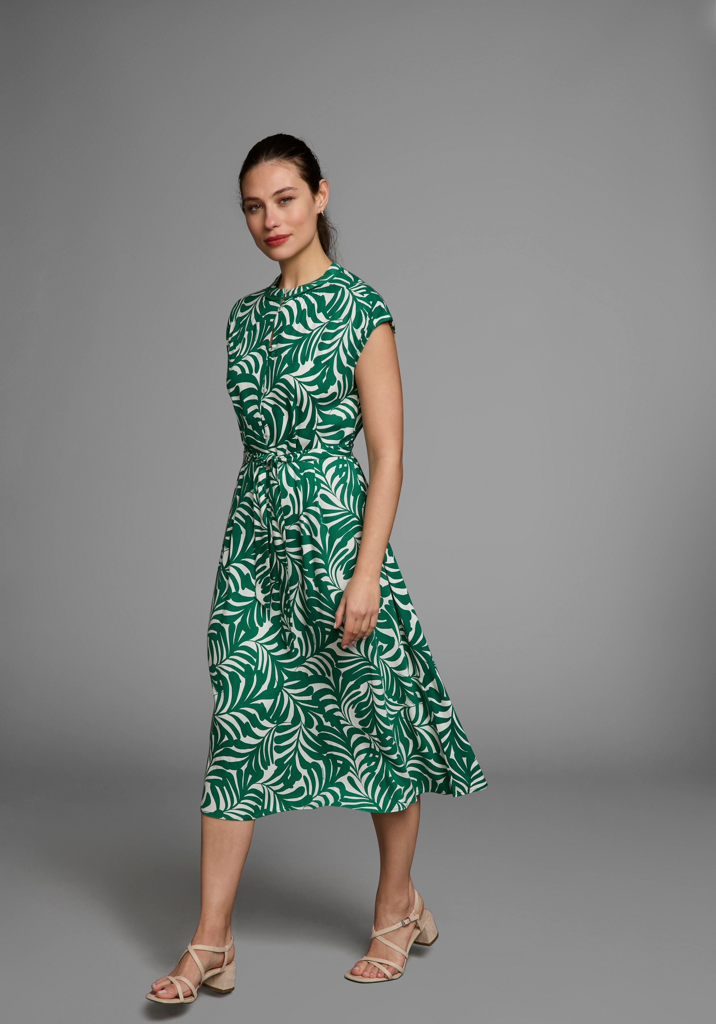 Midikleid HECHTER PARIS, Damen, Gr. 40, N-Gr, grün, floral, gemustert, Obermaterial: 100% Viskose, gemustert, figurumspielend wadenlang, Rundhals, angeschnitten, Kleider Midikleid, mit Knopfleiste und Bindetaille