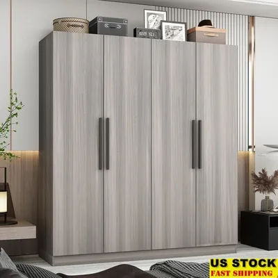 4 Door Armoire Closet with Hanging Rod Multiple Shelves Wooden Handles Stylish Storage Solution