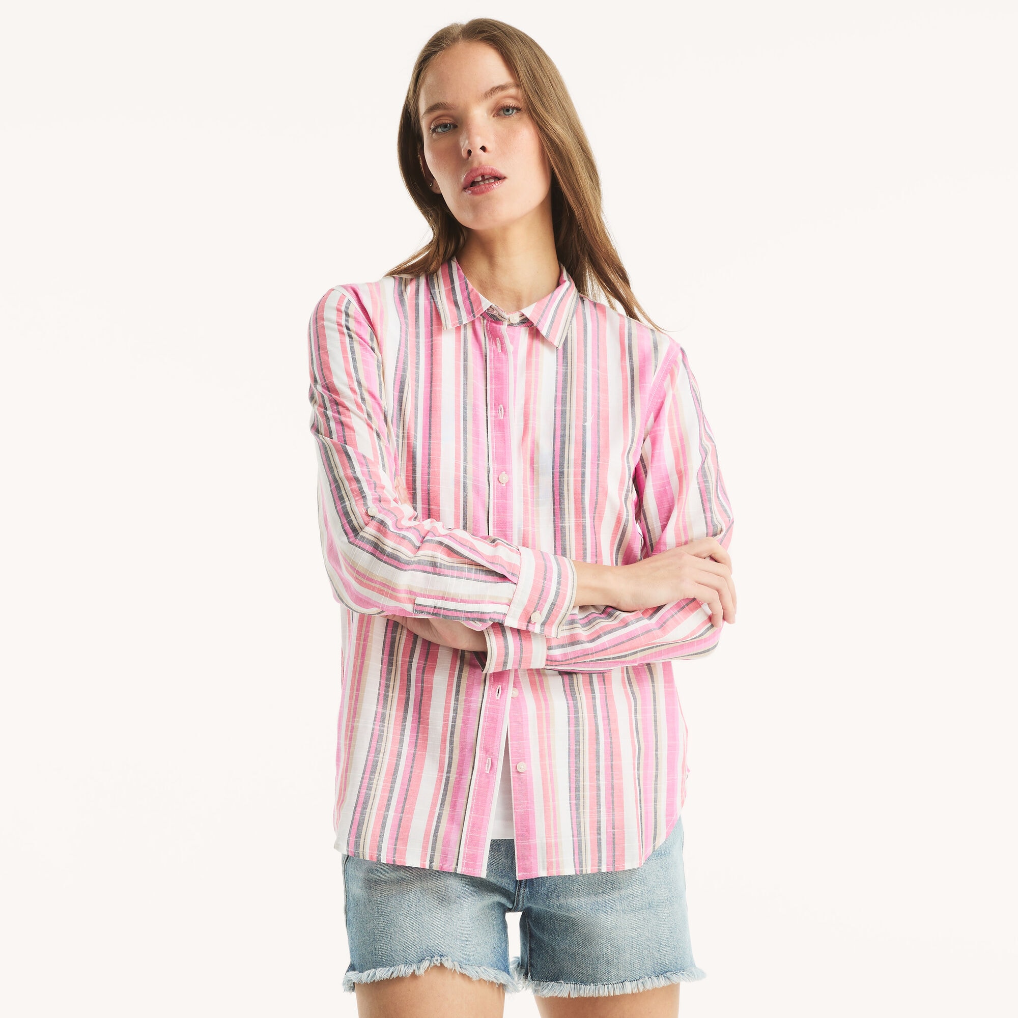 Nautica Women's Striped Button-Up Shirt 696 (Hot Pink), XS