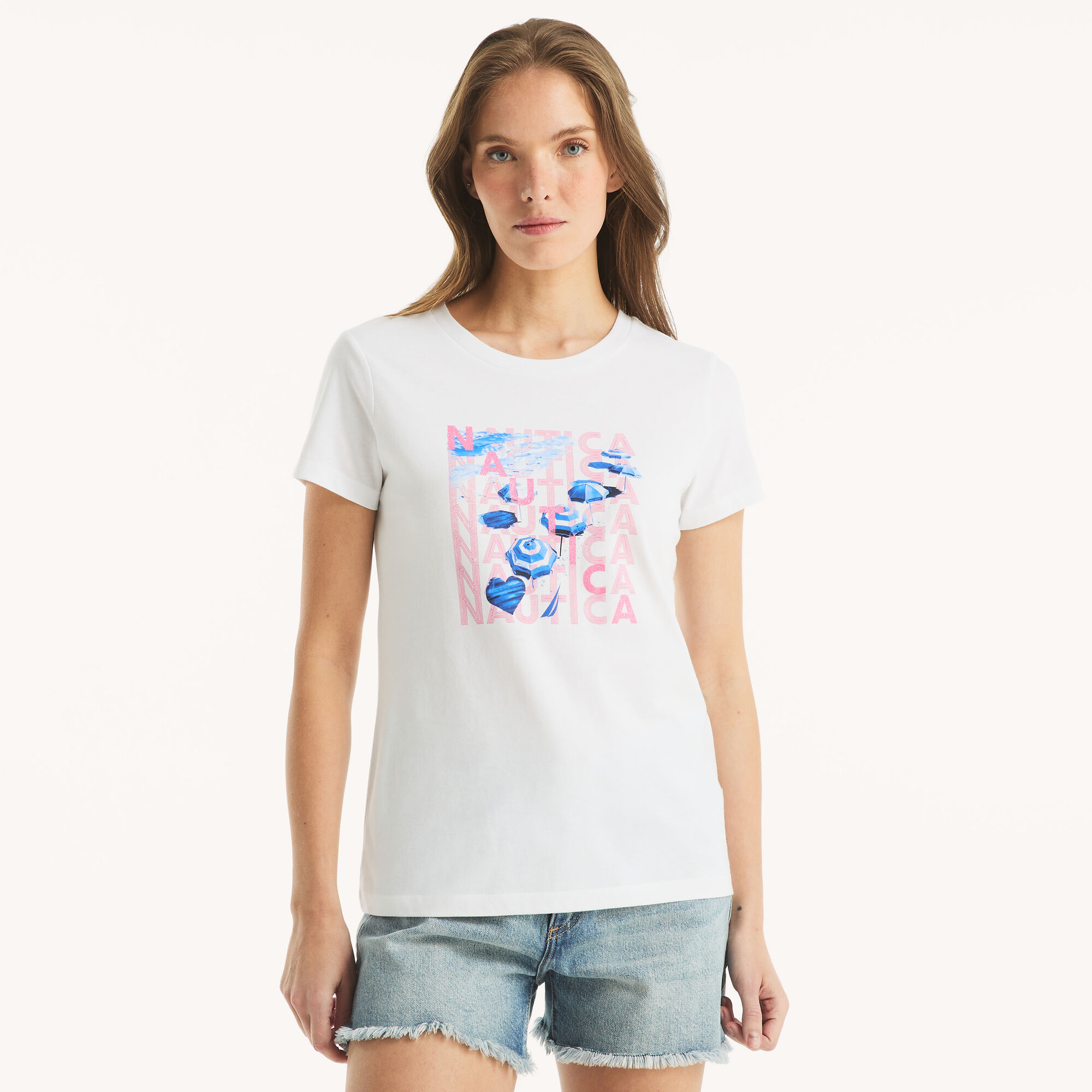Nautica Women's Neon Beach Glitter Graphic T-Shirt 101 (Bright White), L