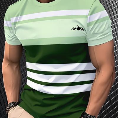 TEMU Men's 3d Short Sleeve T-shirt, Breathable Polyester Crew Neck Top, Lightweight & Comfortable, & White Striped Design With Mountain Graphic, Casual Wear Image