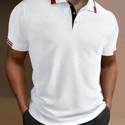 TEMU Men's Textured Waffle-knit Shirt With Contrasting Trim, Casual Sporty Short Sleeve, Button-up Collar, Regular Fit For Summer, Summer Casual Wear|contrast Trim Shirt|sleek Image