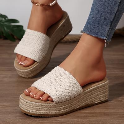 TEMU Women's Fashion Casual Braided Rope Sole Shoes, Comfortable Versatile Beach Holiday Open Toe Slippers, Flax Material With Synthetic Insole And Inner Sole, Platform Heel, Slip-on Style Image