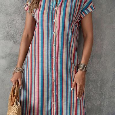 TEMU Women's Casual Striped Notched Neck Dress - Short Sleeve, Button-up Shirt Dress With Vibrant Pink, Stripes, Lightweight Polyester For Spring/summer/fall Image