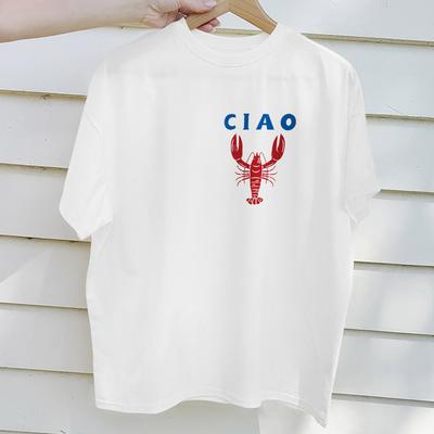 "TEMU Casual Short-sleeve Knit T-shirt With Lobster And "" Alphabet Print, Polyester, All" Image
