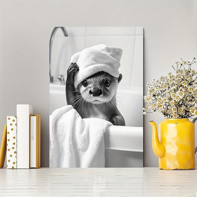 TEMU 1pc Vintage Otter In Bathtub Canvas Wall Art, Black And White Wooden Framed Print, Multipurpose Home Decor, Ready To Hang, Ideal Gift - Ylb2415 Image