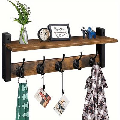 TEMU Wall-mounted Vintage Coat Rack Shelf With Hooks, Solid Wood Floating Shelf For Living Room, Entryway Key Holder, Bathroom Towel Storage, Or Kitchen Organization Image