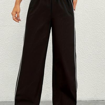 TEMU Women' Black & White Side Stripe Straight-leg Joggers - 100% Polyester, Machine Washable, Casual Athletic Pants For Adults Image