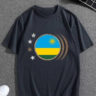 TEMU Big & Tall Men's Patriotic Rwanda Graphic Tee - Casual Short Sleeve T-shirt For Summer, Breathable Polyester, Machine Washable, Plus Size Image