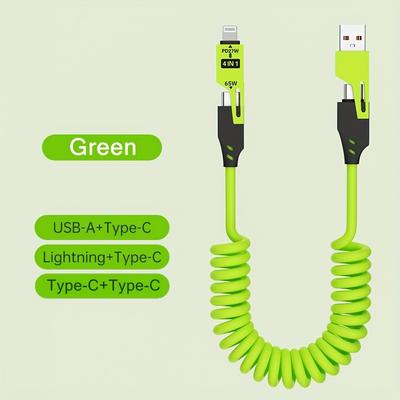 TEMU 65w Breathing Light 4-in-1 Data Cable, Travel, Car Charging The , Spring Telescopic Charging Cable For , Xiaomi, , Huawei, Oppo, For Iphone 15 14 11 8 7 6 And Ipad Series Of Products Image