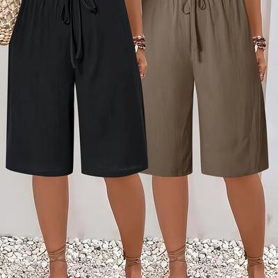 TEMU Set Of 2 Women's Casual Comfortable Solid Color Elastic Waist Shorts Image