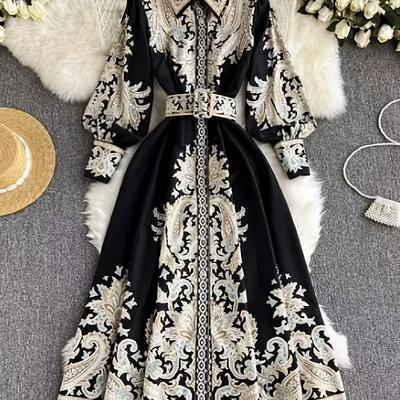 TEMU Elegant Middle Eastern Women's Fashion Dress With Geometric Pattern, Long Length, Belted, Peplum Style For Adults - Black And Golden Image