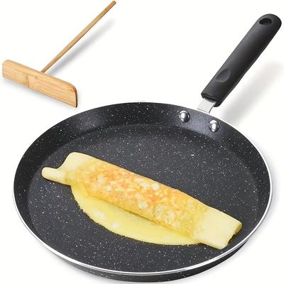 TEMU 1pc Stainless Steel Crepe Pan With Wooden Spatula, 10.5 Inch Granite Coated Frying Pan, Lightweight, Rust Resistant, Uncharged, For Omelets, Pancakes, Tortillas, Induction Compatible Image