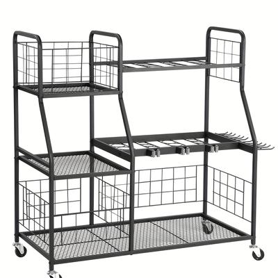 TEMU 3-tier Heavy-duty Metal Garden Tool Organizer With Wheels - Storage Rack, Extra Storage Basket & Mesh Shelves For Shed, Yard, Basement, Lawn Equipment, Yard Tools Image