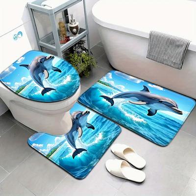 TEMU 3pcs/4pcs Flannel Bath Rug Set, Dolphin Pattern, 1cm Thick, 580g/㎡, Fade Resistant, Polyester 100%, Knit Fabric, Rectangle Shape, With U-shaped Feet For Toilet Seat Cover Image