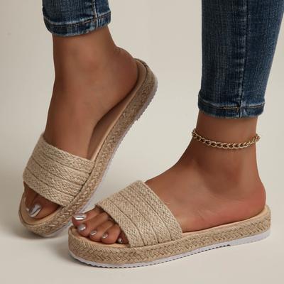 TEMU Chic Summer Women' Sandals - -on, Comfortable Thick Sole, Open Toe, Woven Straw Design, Beige Color, Casual & Versatile For Casual Attire, Strappy Sandals Image
