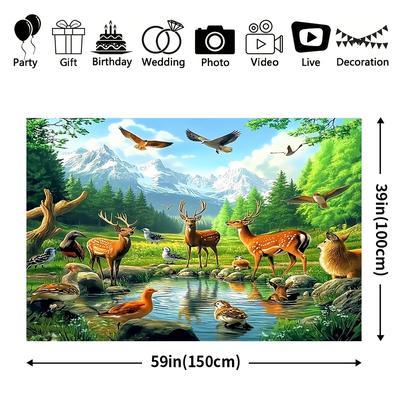TEMU 1pc Polyester Fabric Autumn Deer & Birds Banner - Universal Holiday Decor, Easy To Hang, No Power Needed For Parties, Photo , Live Streaming Image