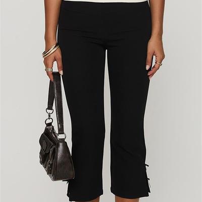 TEMU Women Vintage Capri Pants Solid Color Bow Decor Summer Casual Cropped Pants Stretch Crop Leggings Image