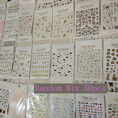 TEMU 50 Sheets Self-adhesive 3d Nail Stickers - Random Style Floral, Watercolor And Cartoon Designs For Diy Nail Art - Bright Colors, Glossy Surface, Nail Art Stickers Image