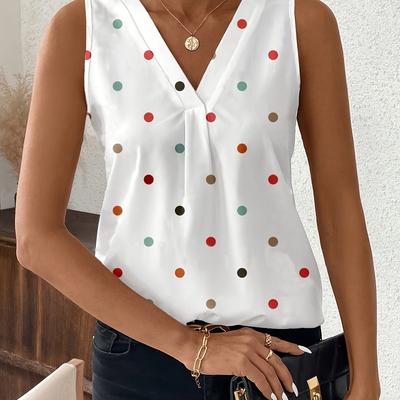 TEMU Elegant And Stylish Sleeveless V-neck Summer Shirt For Women With Colorful Polka Dot Print, Casual Vacations. Image