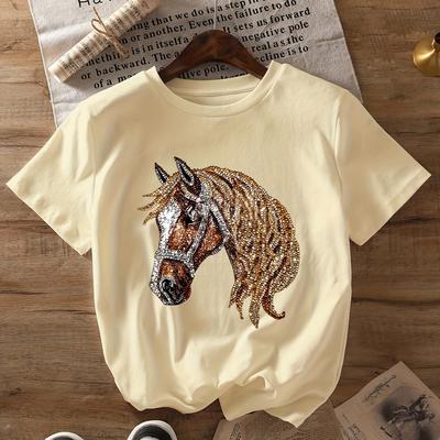 TEMU Women's Casual Short Sleeve Crew Neck T-shirt - Graphic Print With Golden Glitter Accents, Lightweight Summer & Spring Top, Machine Washable Regular Fit, , Relaxed Style Shirt, Comfortable Fabric Image