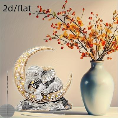 TEMU 2d/flat Diy Desktop Painting Set, Special Shape Rhinestone Tabletop Decoration, Home Standing Gemstone Painting Craft Set, Gift, Elephant Holding Moon, Handicrafts, Great Gifts For Image