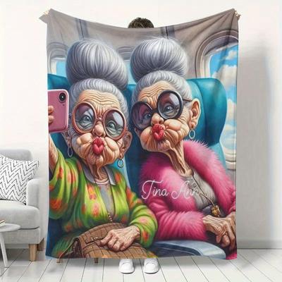 TEMU 2 Grandmas Photo Pattern Plush Blanket, Lap Blanket, Lunch Break Blanket, Air Conditioner Blanket, Office Sofa Blanket For Travel, Camping, Bedroom, Chair Image