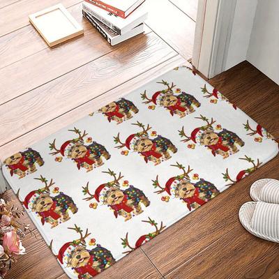 TEMU Yorkshire Terrier Christmas Doormat - Polyester, Machine Washable, Non-slip Backing, Lightweight, Rectangle, Indoor Entry Rug For Kitchen, Hallway, Entrance Image