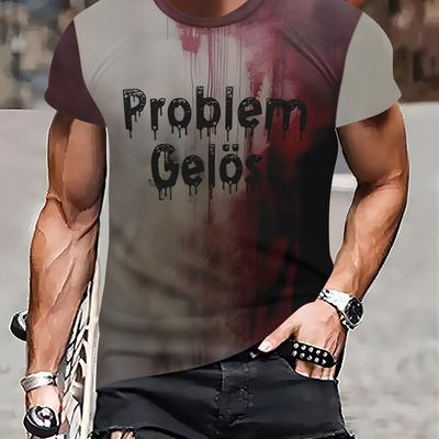 "TEMU Men's Casual Crew Neck T-shirt, 100% Polyester Knit Fabric, Regular Fit, With "problem Gel" Graphic Print, For Summer Fashion Top" Image