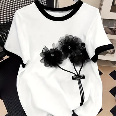 TEMU Women's Casual Short Sleeve T-shirt - 3d Beaded Floral Print, Black & White Contrast, Semi-sheer Korean Fashion Top For Spring/summer, Ladies T Shirts, Tweedlike Texture Image