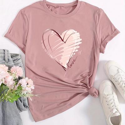 TEMU Heart Neck T-shirt, Short Sleeve Casual Top For , Women's Clothing Image