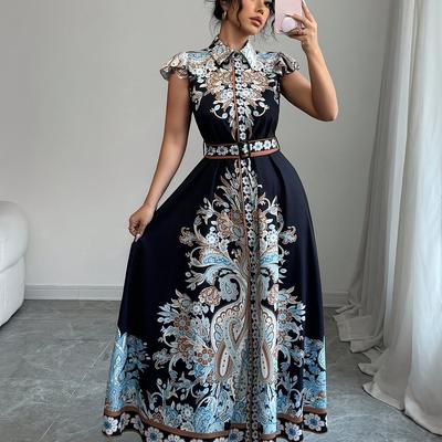 TEMU Women's Vintage Floral Print A-line Dress With Adjustable Waist Belt - Navy Floral Pattern, Machine Washable Spring/summer Casual & Formal Wear, Floral Dress Image