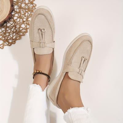 TEMU Women's Slip-on Loafers - Comfortable, Versatile Soft Sole Flats With Tassel Detail, Solid Color Fabric Upper, Pointed Toe Design For Wear, Casual Shoes | Minimalist Shoes | Fabric , Ladies Shoes Image