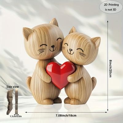 TEMU 2d Flat, 1pc Handmade Red Heart Wooden Cat Couple Sculpture - Cute Smiling Cats, Home, Desk Or Office Decor, Unique Gift Ideas, 2d Printing 8x7.08 Inches, Cat Pink Gif Image