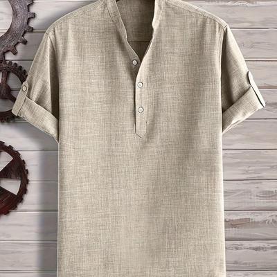 TEMU Men' Color Henley Collar Short Sleeve And Linen Shirt, Plus Size Image