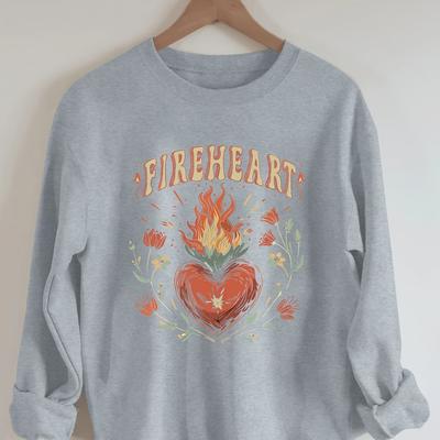 TEMU Fire ＆ Heart Print Pullover Sweatshirt, Casual Long Sleeve Crew Neck Sweatshirt For Fall & Winter, Women's Clothing Image