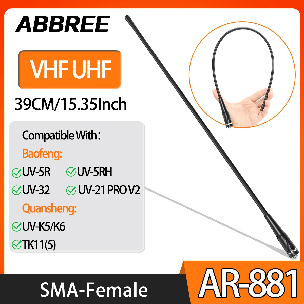 1/2/5PCS ABBREE AR-881 Antenne SMA-Buchse 39cm/15,35 Zoll VHF/UHF High Gain Long Range für Baofeng UV-5RH UV-32 Quansheng UV-K5 8 Image