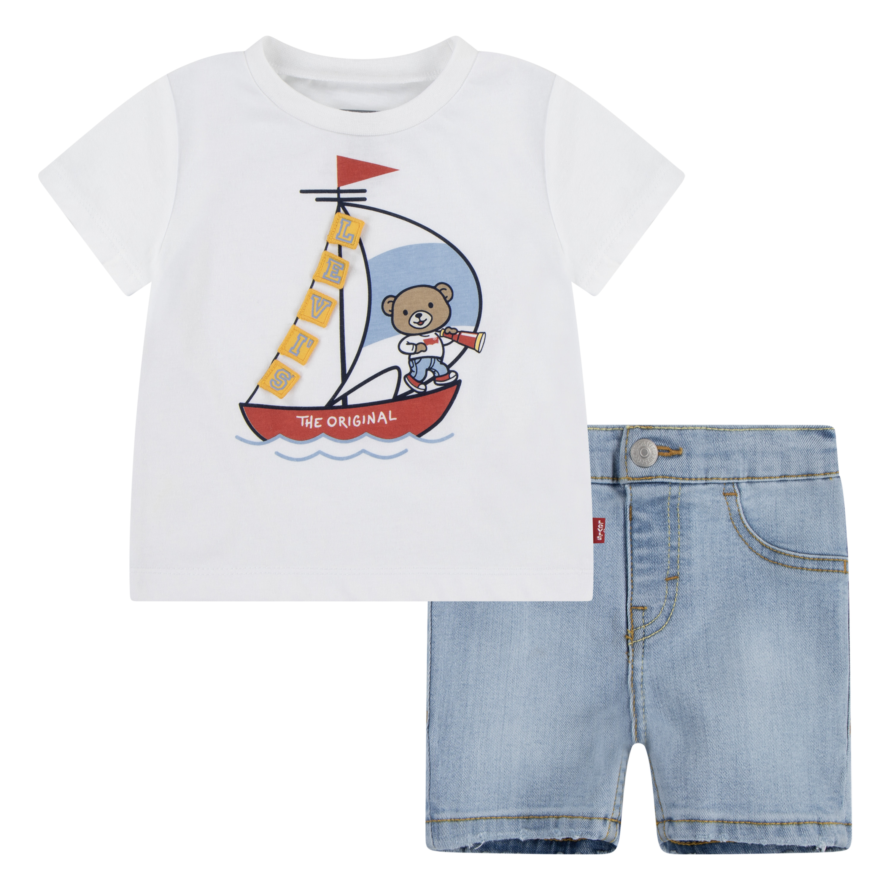 T-Shirt & Shorts LEVI'S KIDS "LVB LEVI 3D SAILING DENIM SET", Baby, Gr. 3M (62), weiß (hellweiß), Obermaterial: 60% Baumwolle, 40% Polyester. Obermaterial Hose: 54% Baumwolle, 27% Polyester, 17% Viskose, 2% Elasthan, bedruckt, KOB Set-Artikel, mit... Image