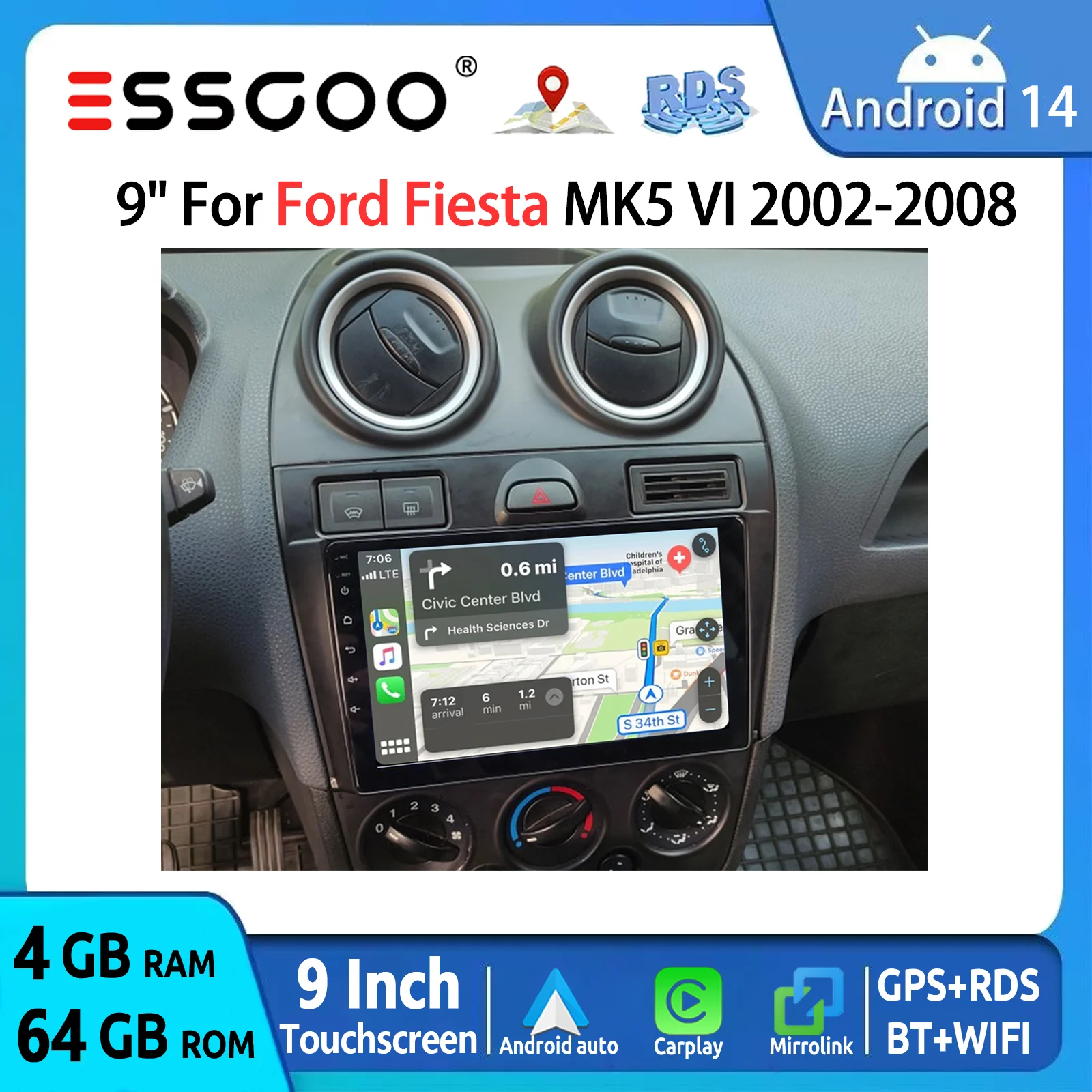 ESSGOO 9" HD Touchscreen Display Android 14 Wireless Carplay Android Auto für Ford Fiesta MK5 2002–2008 Autoradio GPS Navigation SWC FM BT RDS Multimedia Video Player Mirror Link Image
