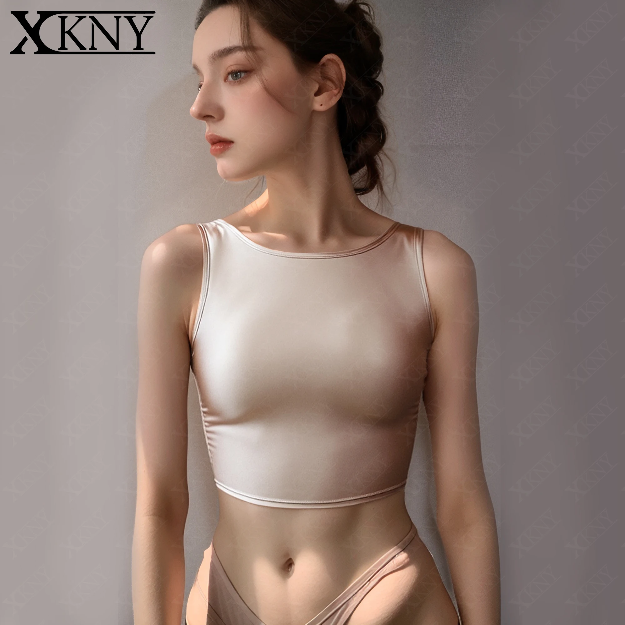 XClocKNYoung Satin-Top mit glänzender Unterseite, ärmelloses Trägerhemd, vielseitige Sport-Yoga-Schwimmunterwäsche, BH Image