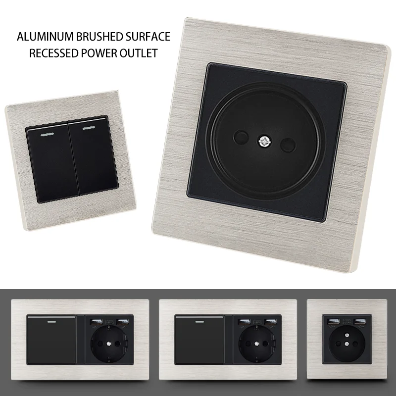 Silberne Wand steckdose aus gebürstetem Aluminium, eingebettete Steckdosen mit USB-Aufladung, EU-Ru-Standard, 86*86mm Image