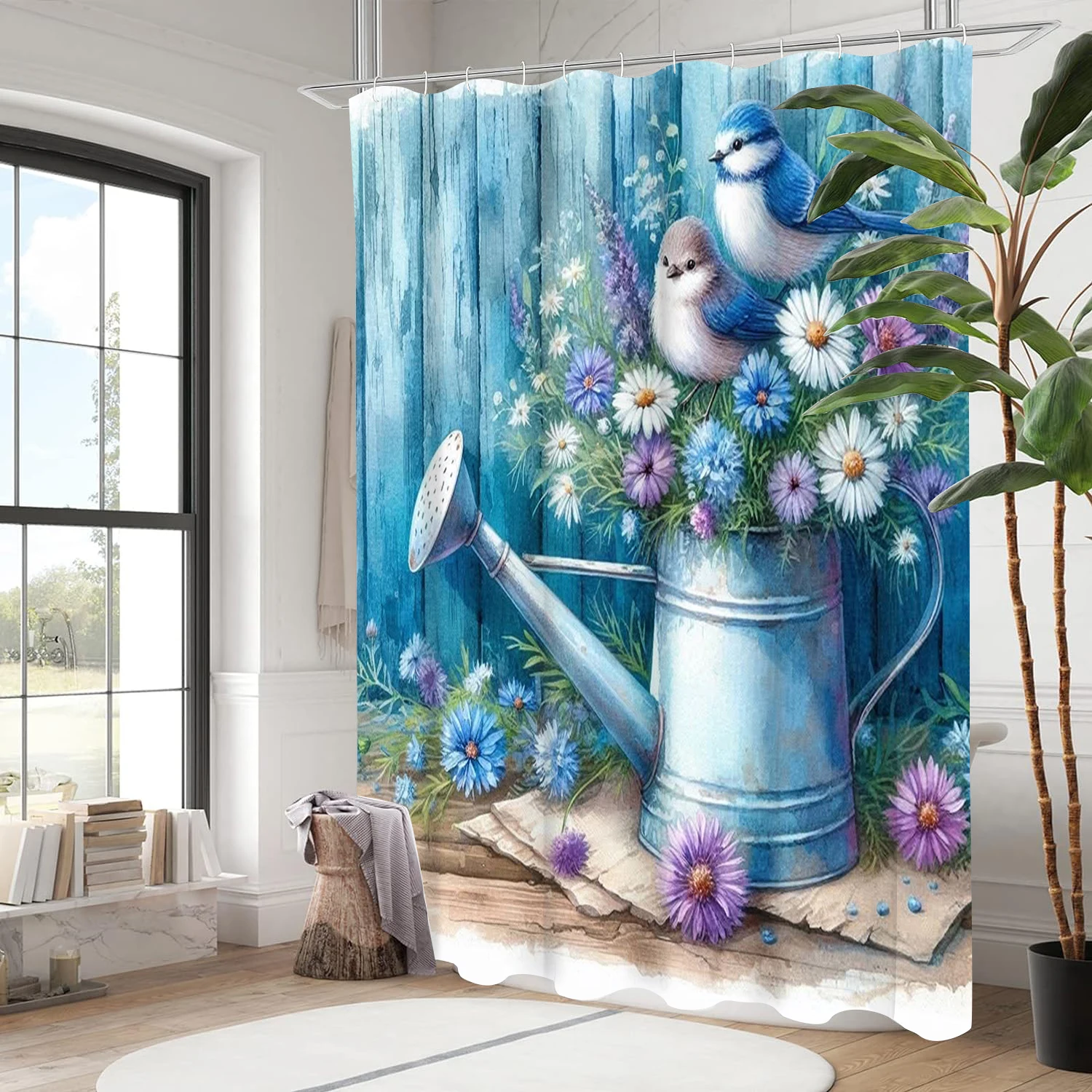 Badvorhang mit Holzmaserung und Blumenmuster, Badezimmer-Duschvorhang, wasserdicht, mit 12 Haken, Heimdeko, versandkostenfrei