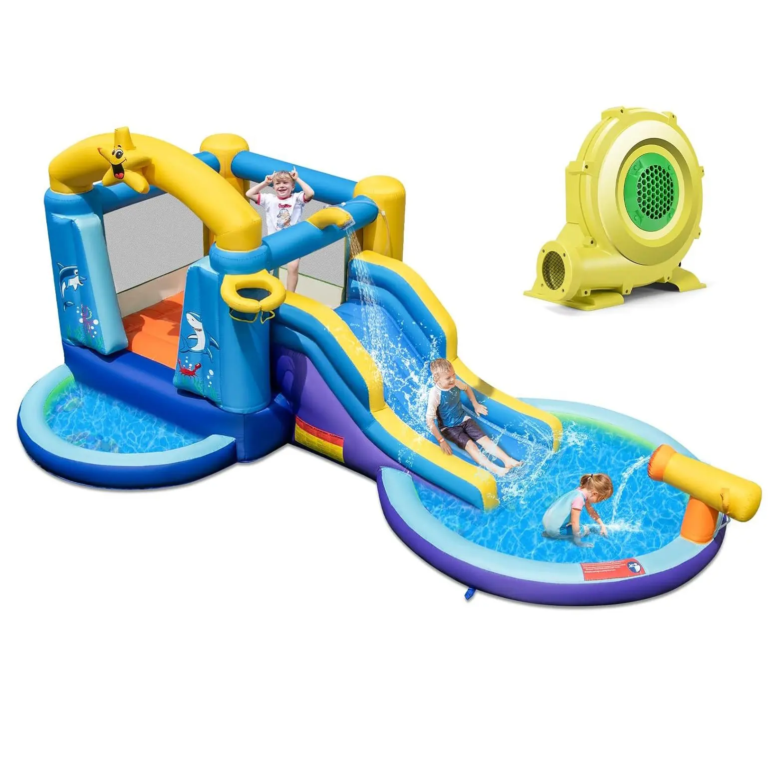 Hüpfburg mit Gebläse und Rutsche, Wasserpark mit 2 Pools,Basketball korb, Kinder hüpfburg für Hof, Park, x x cm Image