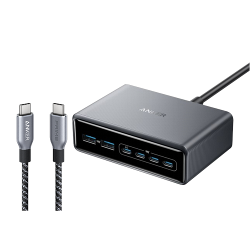 Anker Prime Ladegerät (200W, 6 Ports, GaN)+Anker Prime USB-C auf USB-C Kabel (240W, Upcycled-Flechtdesign)