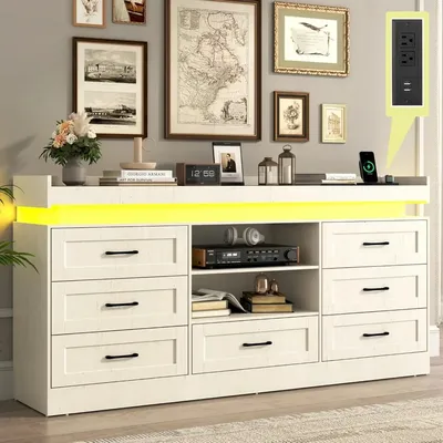 70" Large Drawers Dresser, Tall Farmhouse 7 Drawers Dresser with Charging Station and LED Light,